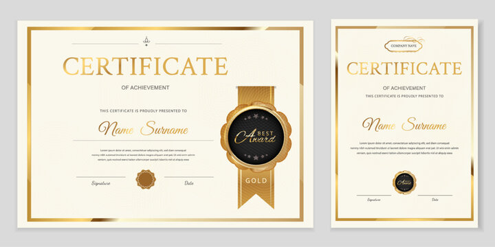 Professional golden certificate of achievement template set with horizontal and vertical layouts. Features elegant gold frame and seal. Editable vector for business recognition and awards.