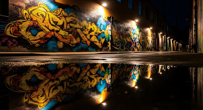 Vibrant graffiti on a brick wall reflects in a puddle at night in an urban landscape.