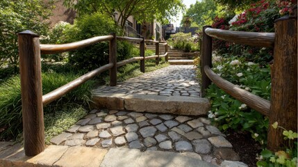 Medium shot showcasing a rustic cobblestone garden path with supportive handrails emphasizing textured senioraccessible routes that blend charm with ease of movement.