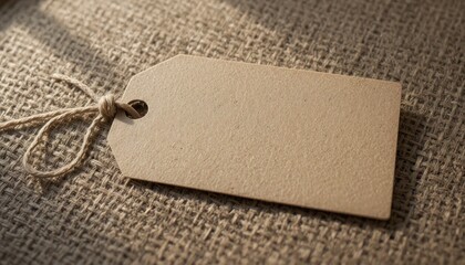 Blank brown paper tag tied with twine on textured burlap