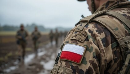 Soldier with Polish flag patch walks with troops outdoors
