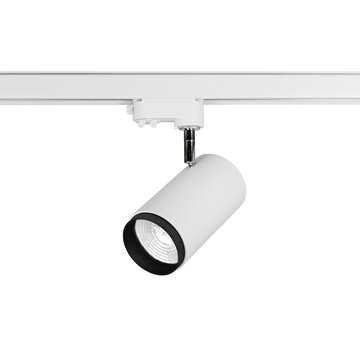 Nowoczesna biała lampa szynowa typu spotlight z czarnym wykończeniem na białym tle.