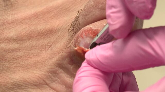 Close up of a podiatrist in pink gloves carefully removing dead skin from a patient's toe wound using scissors during a medical foot care procedure.

