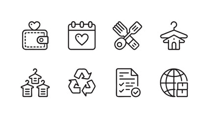 Set of 8 clean line art icons wallet with heart, calendar with heart, cutlery, house on hanger, multiple hangers, recycle symbol, checklist, and globe with boxes.