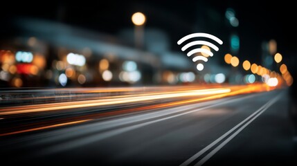 Urban Night Scene with Motion Blur and Wireless Signal Icon Representing Connectivity and Technology in Modern City Environment