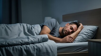 Obraz premium Caucasian man sleeping peacefully in bed at night. Healthy sleep and relaxation concept for bedroom and home lifestyle. Good rest.