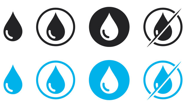 Water drop vector icon set, black and blue water drop symbols, circular design, waterproof surface warnings, safety signage, product labels, instruction manual illustration