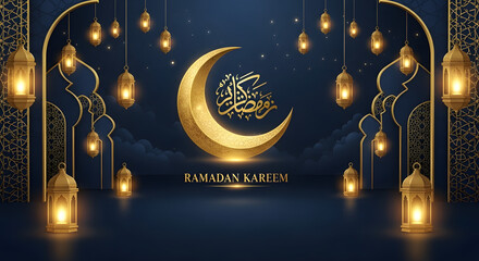 Ramadan kareem greeting with golden crescent moon and lanterns