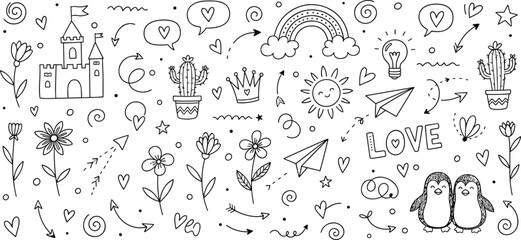 Obraz premium Hand drawn doodle love pattern with hearts, flowers, stars, arrows, rainbow, cute icons, romantic valentine background illustration