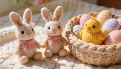 Obraz premium Adorable handcrafted Easter scene with felt bunnies and a knitted chick next to a basket of colorful eggs