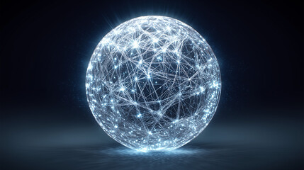 Glowing digital network sphere in blue tones representing global technology and data connectivity with copy space