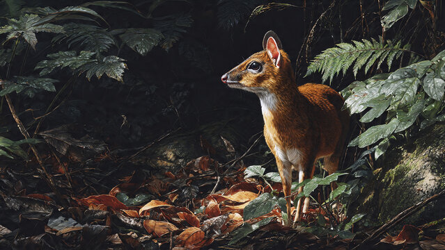 A cute fluffy lesser mouse deer with a thick tail climbs a green forest tree in the autumn woods, appearing as majestic as a wild mammal amidst the nature and wildlife of the park