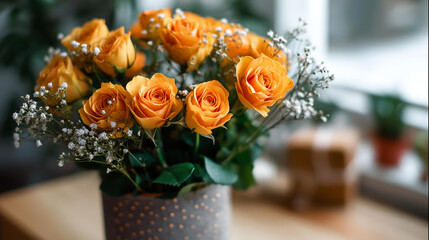 Many orange roses arranged in decorative vase selective focus technique floral arrangement romantic flowers botanical display gift bouquet valentine decoration natural