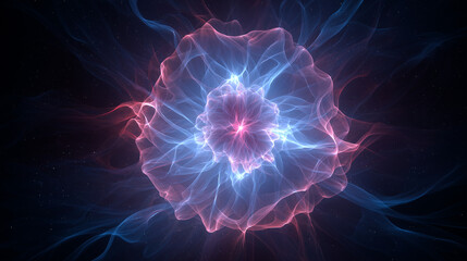 Glowing cosmic energy mandala in blue and pink colors representing spiritual awakening and esoteric meditation with copy space