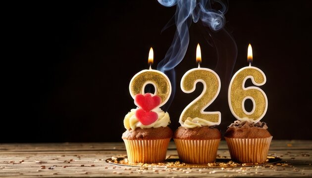 Celebrating 26 Years - Cupcakes with Number Candles on Wooden Table.