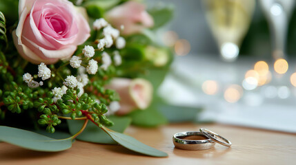 Elegant bouquet of flowers with greenery and wedding ring display matrimonial symbolism marriage celebration bridal arrangement romantic jewelry ceremonial presentation with