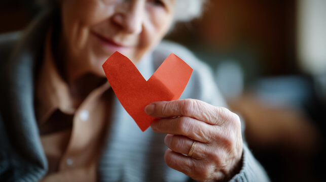 Red paper cut heart shape held by senior woman's hand valentine's day concept aged people and love theme elderly romance mature affection generational relationship with copy