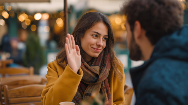 Faceless woman saying no to attention and gifts from man pursuing her girl demanding to be left alone by guy flirting rejection moment unwanted advances boundary setting with