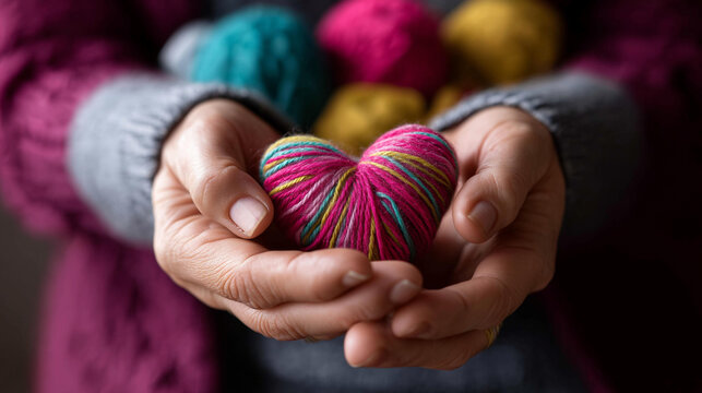 Mixed colors yarn heart on giving hands closeup colorful handmade creation healthy heart donation concept healthcare symbolism valentine romance love forever theme with copy
