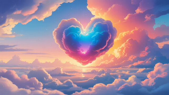 Heart Shaped Cloud in Dreamy Surrealistic Style with Vibrant Rainbow Colors and Soft Lighting for Romantic Background