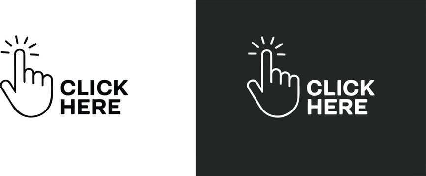 Black and white click here with hand pointer finger