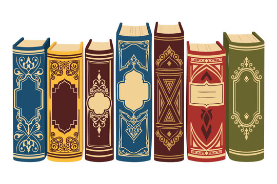 Colorful ornate book spines with gold designs on white background