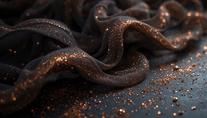 Fototapeta premium Black fabric with scattered gold glitter and bokeh