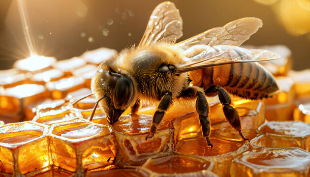 Nahaufnahme einer Honigbiene auf einer goldenen Honigwabe im Sonnenlicht