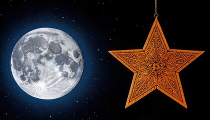 Obraz premium Celestial Harmony - A Full Moon and a Golden Star in the Night Sky.