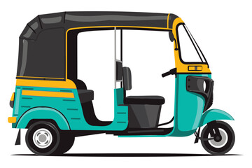 Teal and yellow tuktuk with black roof on transparent background