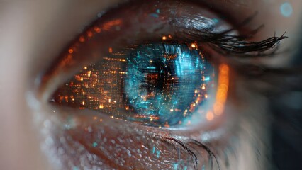 Human eye with digital circuit patterns overlay glowing blue orange