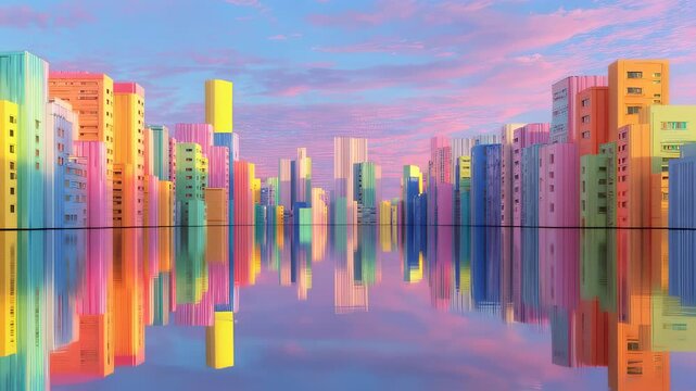 Dreamlike pastel landscape in pink and blue vaporwave colors with abstract futuristic buildings by the water and reflection