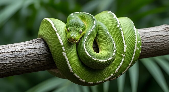 Green tree python coiled around a branch in a lush tropical environment