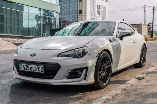 Almaty, Kazakhstan - July 30, 2025: A white Subaru BRZ parked on the road