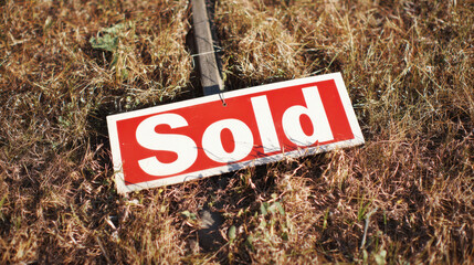 Poverty Inflation and Economic Crisis Sold sign on dry grass symbolizes economic crisis and inflation impact causing poverty in rural area