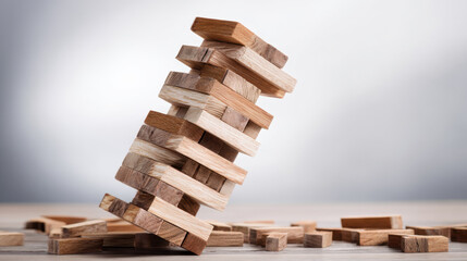 Poverty Inflation and Economic Crisis Wooden block tower falling down symbolizing economic crisis and inflation impact on poverty