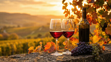 Two red wine glasses and bottle on stone wall with grapes in vineyard sunset landscape