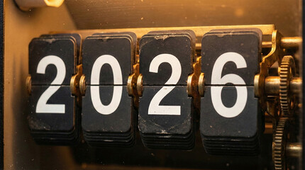 Vintage mechanical flip clock counter showing year 2026 close up