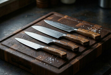 Set of four professional steel kitchen knives with wooden handles on dark cutting board with sea salt
