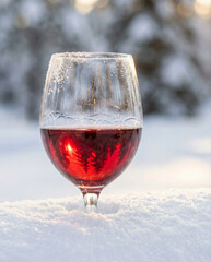 Red wine or gl&ouml;gg glass standing in snow with snowy winter forest background in sunset light