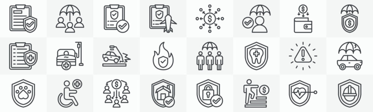 Insurance icon collection set. Containing policy, social security, approved, travel care, liabilities, savings, financial, health icon. Simple outline vector