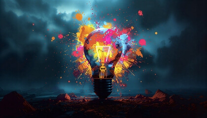 digital art, vibrant paint splatter, surreal landscape, dynamic lighting, explosion of color, abstract light bulb.