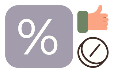 Financial services, discount offers, approval reviews, percentage calculations, restrictions, promotional concepts. Percentage symbol, thumbs up prohibited sign. Financial services and discount