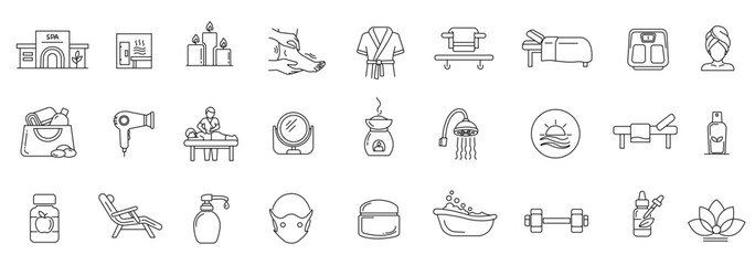 Beauty and wellness line icon set. Vector pictograms of skincare, spa, fitness and relaxation concepts in Thin linear illustration style