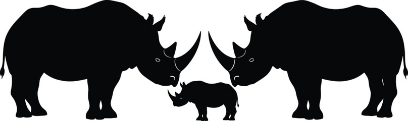 Rhinoceros family silhouettes, black rhino parents and calf, wildlife animal vector, isolated on white background, cad drawing style, flat illustration © Mostafizar