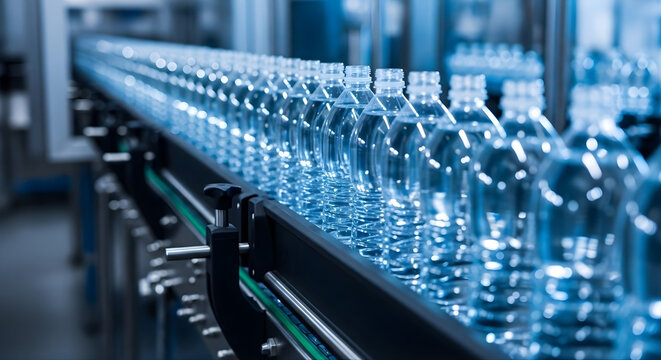 Modern automated factory production line with clear plastic bottles
