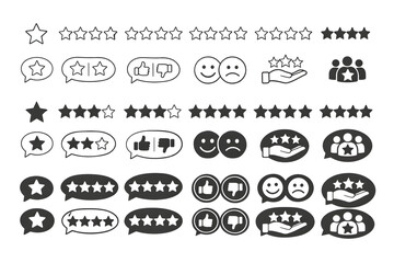 Social reviews and feedback icon pack — black rating stars, speech bubbles, thumbs up, user groups and badge icons for reviews, customer feedback, UX, e-commerce and social media design