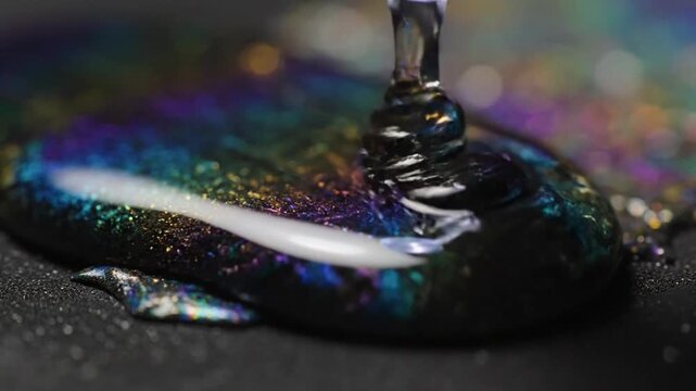  Extreme macro cinematography of a highly viscous, dark, oily sludge with an intense metallic holographic sheen
