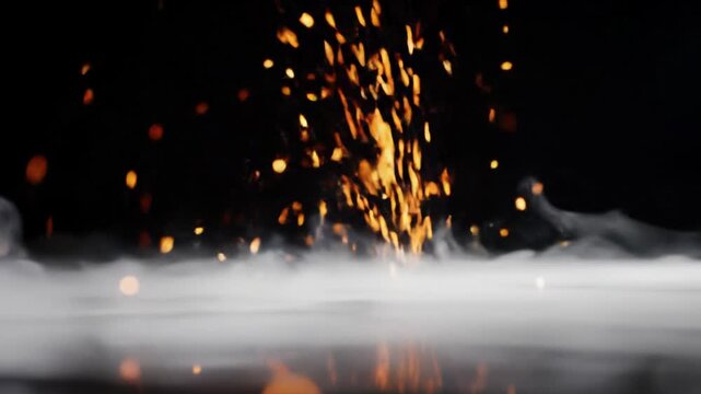 Mesmerizing cinematic abstract video: fiery orange, deep amber incandescent sparks and glowing embers ascend from white mist against a velvety black void with bokeh effects, dreamlike mystical