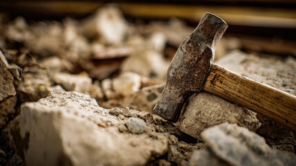 Poverty Inflation and Economic Crisis Hammer tool on rubble symbolizes economic crisis and inflation impact causing poverty and hardship